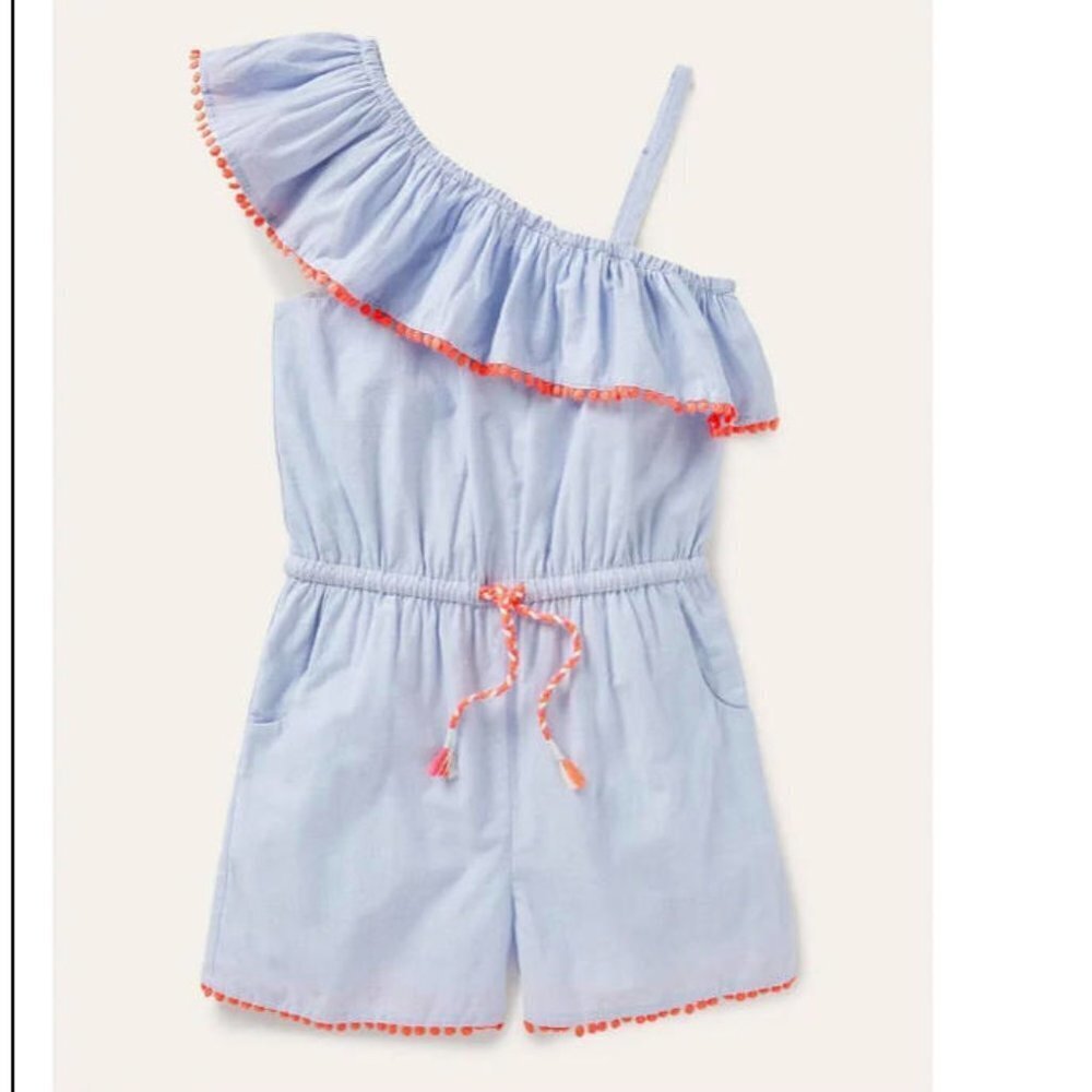 MINI BODEN girls blue and white pom pom romper. Cotton. EUC! - Picture 3 of 8